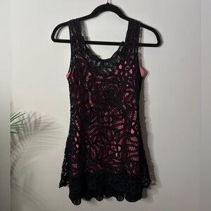 Betsey Johnson Vintage Y2K Black Lace Mesh Pink Pleated Mini Dress